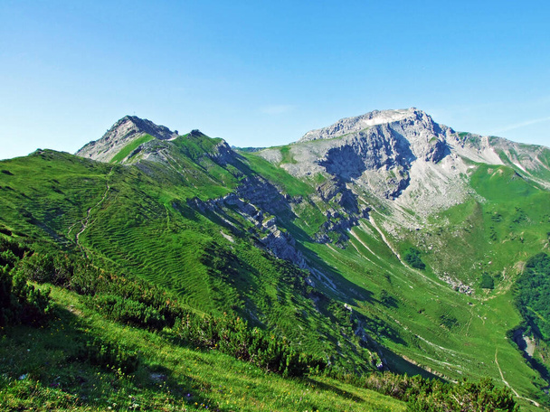 Alpine Berggipfel Spitz und Augstenberg über dem Malbuntal und in den Liechtensteinischen Alpen - Malbun, Liechtenstein - Foto, Bild