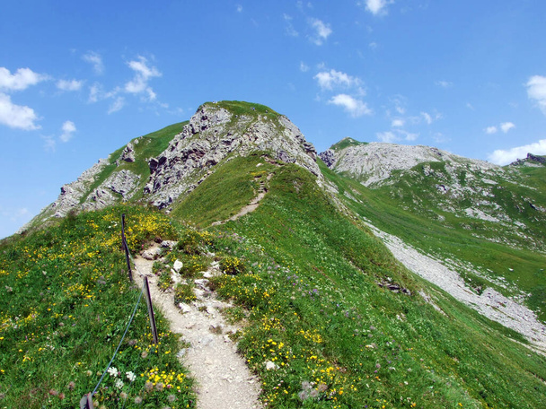 Walking and hiking trails over the Malbuntal alpine valley and in the Liechtenstein Alps mountain range - Malbun, Liechtenstein - Photo, Image