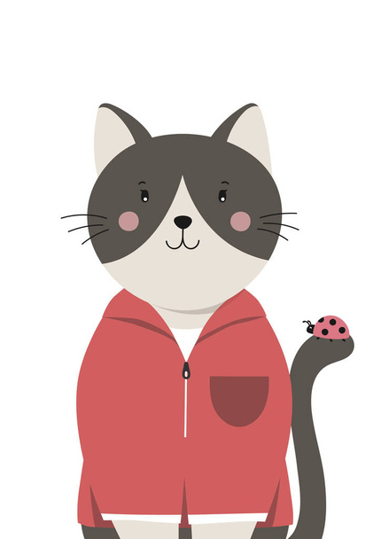 Cute cat. Little kitty with ladybug on the tail. Childish print for nursery, poster, postcard. Can be used for fashion t-shirt design. Vector. - Vettoriali, immagini