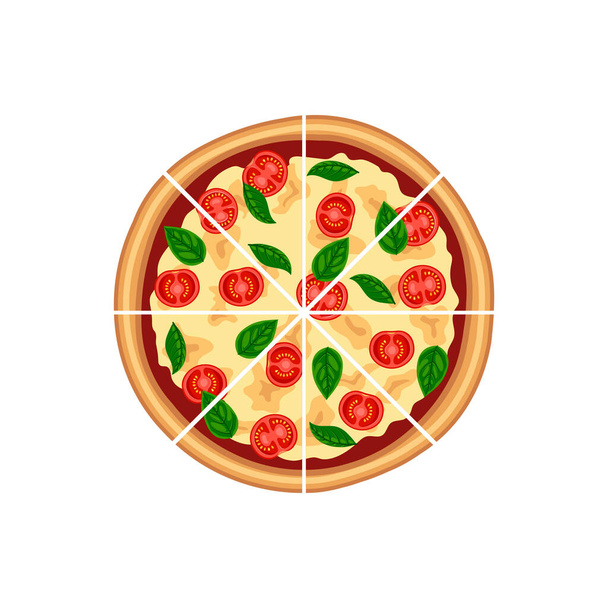 Sabrosa pizza margherita en rodajas con tomate, queso, albahaca vista superior aislado sobre fondo blanco. Icono de comida rápida italiana tradicional plana. Ilustración vectorial para web, anuncio, menú
 - Vector, Imagen