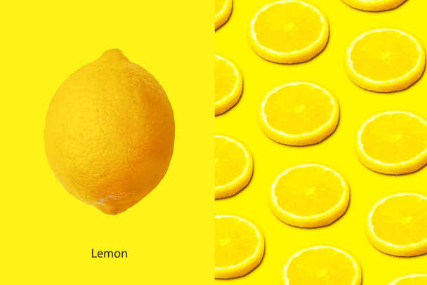 黄色の背景にスライスレモンで作られた創造的なレイアウト - 写真・画像
