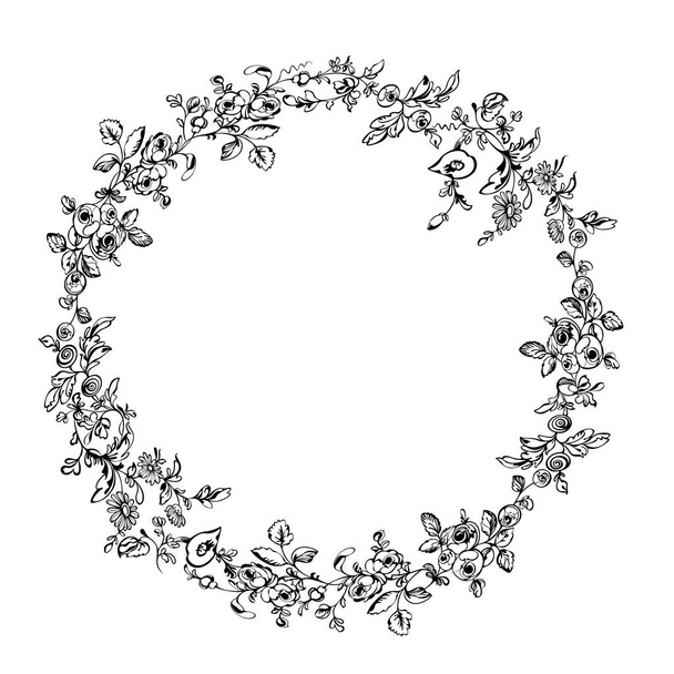  Wreath, chaplet of flowers roses, leaves fastened in a ring and used for decoration, black pattern on white background - Вектор, зображення