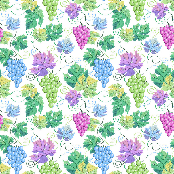 Seamless vector grapes white pattern background. In blue purple pink green cute pastel colors. Good for wine bar menu decoration, wedding cards and wrapping paper, wallpaper grocery or winery design - Vektor, obrázek