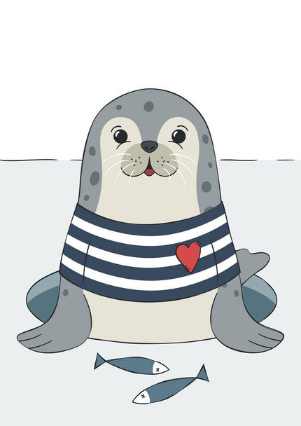 Seal cute sea lion, animal in sailor t-shirt. Hand drawn funny illustration. Childish print for nursery, poster, postcard. For winter or christmas. Vector. - Vektör, Görsel
