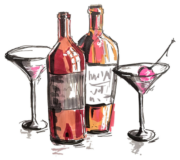 Coctail alcolico ciliegia bevanda in vetro con bacca e bottiglie, disegnato a mano marcatore schizzo eps10 vettoriale illustrazione isolata su bianco
. - Vettoriali, immagini