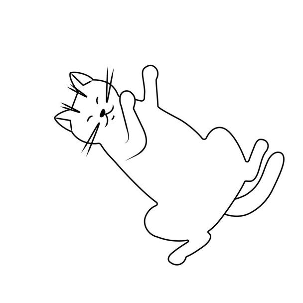 De kat ligt op zijn rug, een eenvoudig silhouet. Zwarte lijnen op een witte achtergrond. Doodle stijl, schets, kinderachtig. Vector illustratie voor decoratie. - Vector, afbeelding