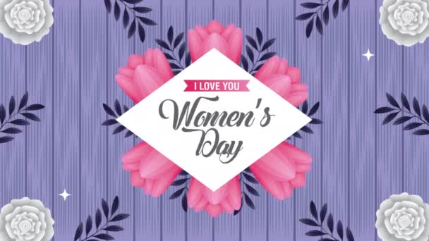 happy womens day card with pink roses flowers diamond frame - Video, Çekim
