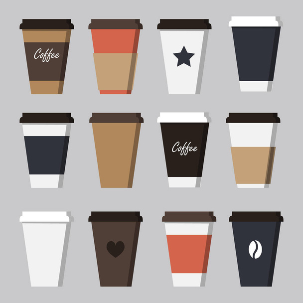 Набор Coffee Cup - макет для дизайна фирменного стиля кафе, ресторана. Плоский стиль. Черный, белый, коричневый картон Кофейная чашка макет. Одноразовый векторный шаблон пластика и бумаги для горячих напитков
 - Вектор,изображение