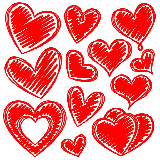 Vector set of hand-drawn red sloppy painted hearts with several white lines. Hand drawing rough heart marker isolated on white background. Vector illustration for your graphic design - Wektor, obraz