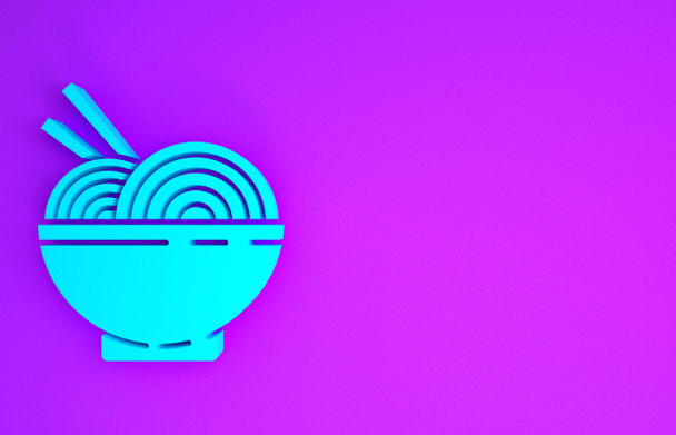 Kék ázsiai tészta tál és evőpálcika ikon elszigetelt lila háttér. Utcai gyorsétterem. Koreai, japán, kínai kaja. Minimalizmus koncepció. 3d illusztráció 3D render - Fotó, kép