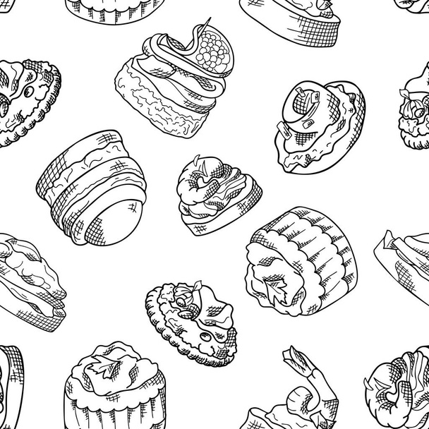 Seamless pattern with finger food. Sketch style repeated background. Bruschetta, sandwich, canapes and tapas. Vector illustration - Vektor, Bild