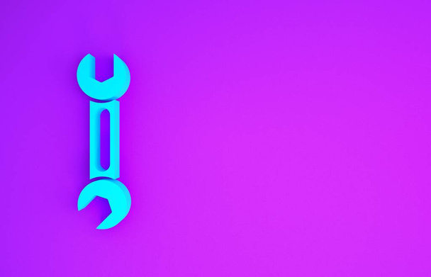 Niebieski klucz ikona izolowana na fioletowym tle. Ikona klucza. Koncepcja minimalizmu. Ilustracja 3D 3D renderowania - Zdjęcie, obraz