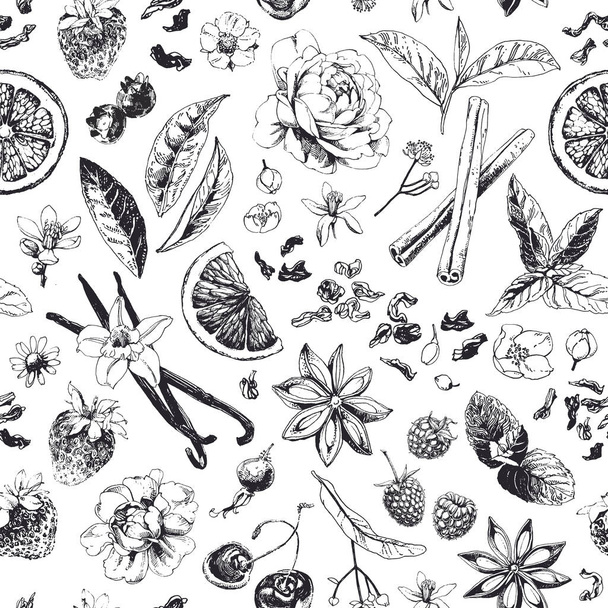 Fondo de patrón sin costuras, ilustración dibujada con tinta con artículos relacionados con el té
 - Vector, imagen
