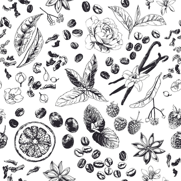 Seamless pattern background, coffee and tea ink drawn illustration - Vettoriali, immagini