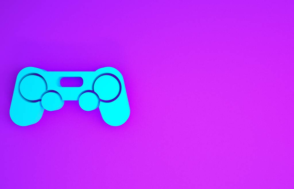 紫色の背景に隔離されたブルーゲームパッドのアイコン。ゲームコントローラー。最小限の概念。3Dイラスト3Dレンダリング - 写真・画像