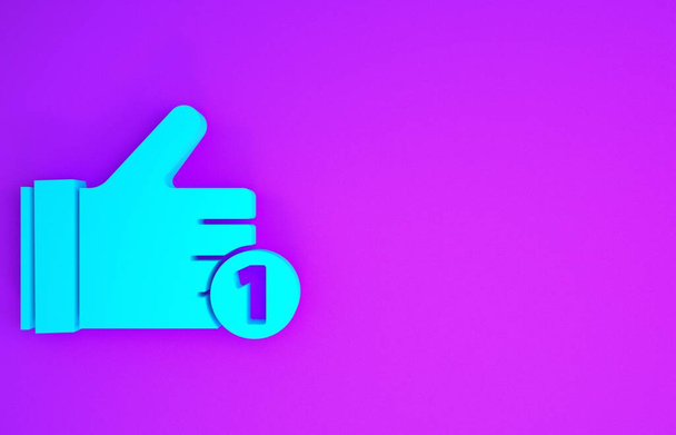 Blauwe Hand als pictogram geïsoleerd op paarse achtergrond. Minimalisme concept. 3d illustratie 3D renderen - Foto, afbeelding