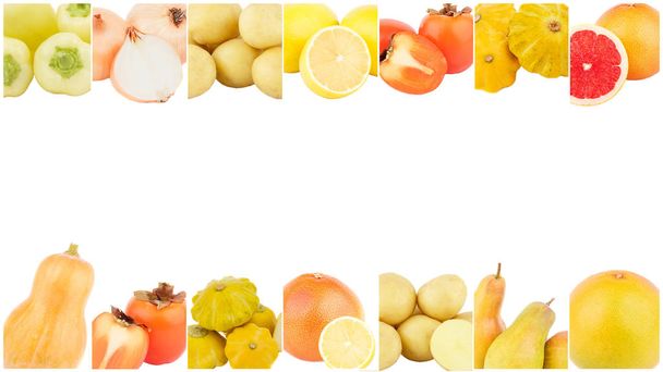 Лінії з різних жовтих овочів і фруктів, ізольовані на білому
 - Фото, зображення