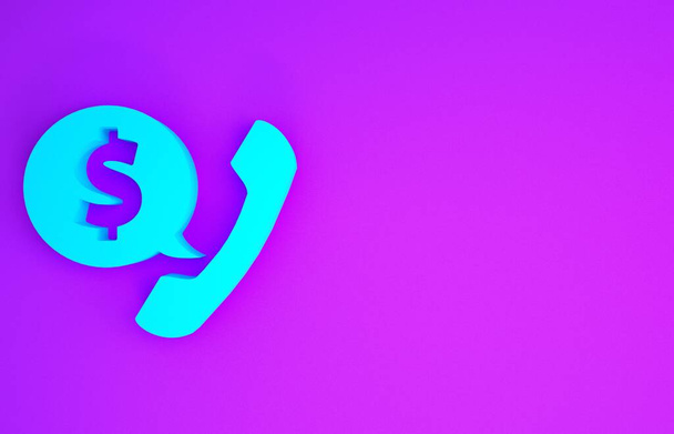 Niebieski telefon słuchawka i ikona czat bańki mowy izolowane na fioletowym tle. Znak telefonu. Koncepcja minimalizmu. Ilustracja 3D 3D renderowania - Zdjęcie, obraz