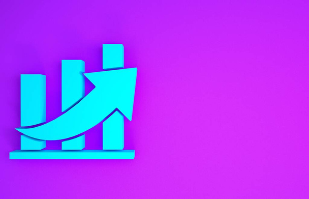 Bleu Croissance financière et icône de pièce isolé sur fond violet. Augmentation des recettes. Concept de minimalisme. Illustration 3D rendu 3D - Photo, image