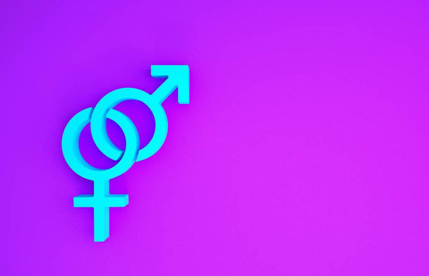 Niebieska ikona płci odizolowana na fioletowym tle. Symbole mężczyzn i kobiet. Symbol seksu. Koncepcja minimalizmu. Ilustracja 3D 3D renderowania - Zdjęcie, obraz