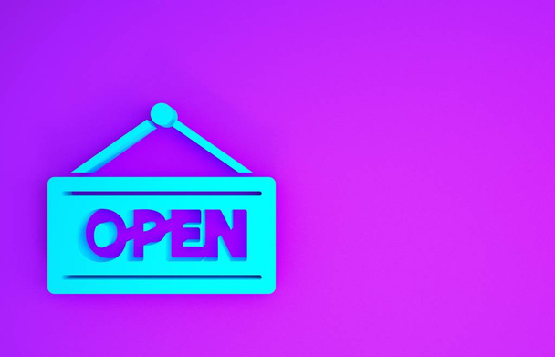 Signo colgante azul con texto Icono de puerta abierta aislado sobre fondo púrpura. Concepto minimalista. 3D ilustración 3D render
 - Foto, imagen