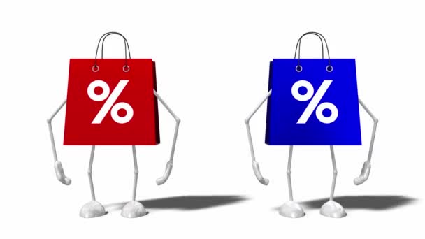 3D 4k two cartoon shopping bags with percent signs - sale/ discount concept - Πλάνα, βίντεο