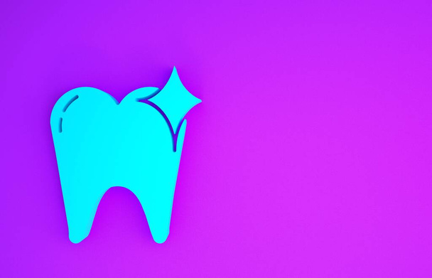 Niebieski ząb wybielanie koncepcja ikona izolowane na fioletowym tle. Symbol zęba dla kliniki stomatologicznej lub kliniki stomatologicznej. Koncepcja minimalizmu. Ilustracja 3D 3D renderowania - Zdjęcie, obraz