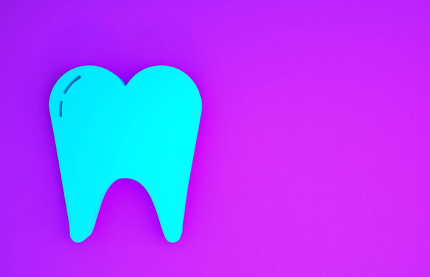 Niebieski ząb ikona izolowane na fioletowym tle. Symbol zęba dla kliniki stomatologicznej lub stomatologicznego centrum medycznego i pakiet pasty do zębów. Koncepcja minimalizmu. Ilustracja 3D 3D renderowania - Zdjęcie, obraz