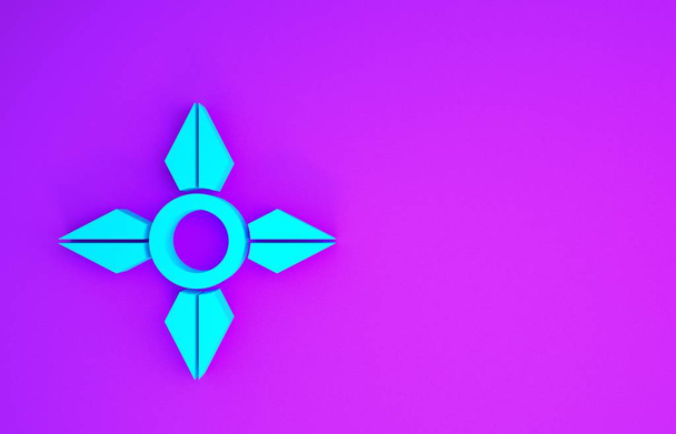 青日本の忍者手裏剣のアイコンは、紫の背景に隔離された。最小限の概念。3Dイラスト3Dレンダリング - 写真・画像