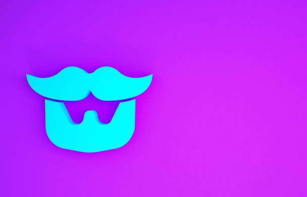 Kék bajusz és szakáll ikon elszigetelt lila háttér. Borbélyüzlet szimbólum. Arcszőrzet. Minimalizmus koncepció. 3d illusztráció 3D render - Fotó, kép