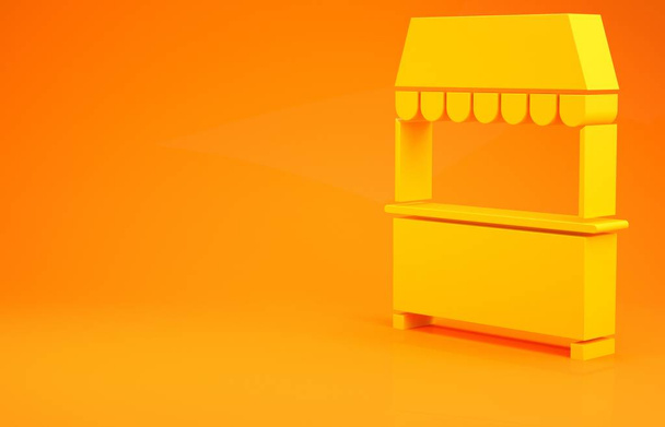 Gele straat kraam met luifel en houten rek pictogram geïsoleerd op oranje achtergrond. Kiosk met houten rek. Minimalisme concept. 3d illustratie 3d renderen - Foto, afbeelding