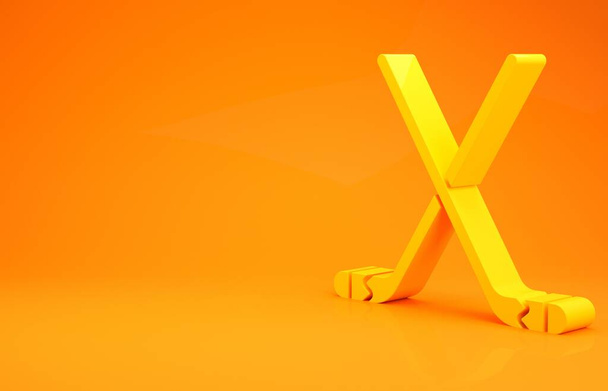 オレンジ色の背景に黄色のアイスホッケースティックアイコン。最小限の概念。3Dイラスト3Dレンダリング - 写真・画像