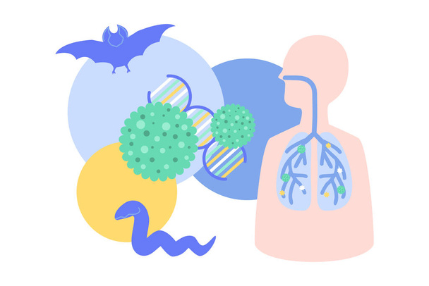 infografické ilustrace viru částice s DNA, netopýra a hada v konceptuální zobrazování o románu Koronavirus problém o tom se původně vyvinul z netopýra a hada - Vektor, obrázek