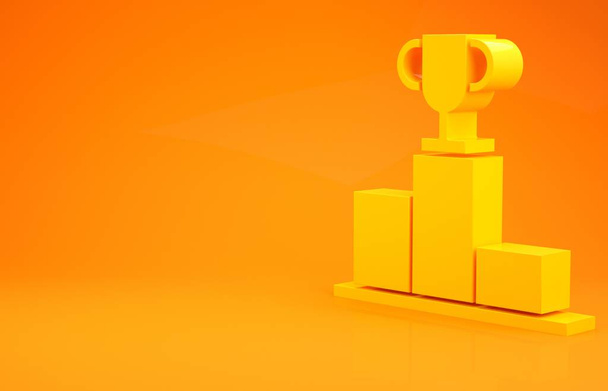 Sarı Hokey, turuncu arka planda izole edilmiş spor ödüllü podyum ikonu. Minimalizm kavramı. 3d illüstrasyon 3B canlandırma - Fotoğraf, Görsel
