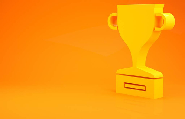 Keltainen palkintokuppi ikoni eristetty oranssi tausta. Voittajan palkintosymboli. Mestaruus tai kilpailu pokaali. Urheilun saavutus merkki. Minimalismin käsite. 3d kuva 3D renderöinti - Valokuva, kuva