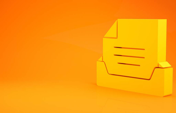 Cajón amarillo con icono de documento aislado sobre fondo naranja. Cajón de papeles de archivo. Cajón del archivador. Muebles. Concepto minimalista. 3D ilustración 3D render
 - Foto, Imagen