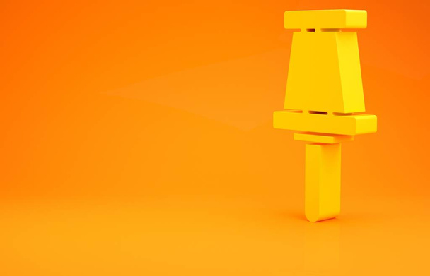 Gelbes Pin-Symbol isoliert auf orangefarbenem Hintergrund. Daumen drücken. Minimalismus-Konzept. 3D Illustration 3D Renderer - Foto, Bild