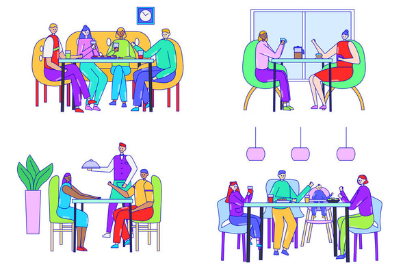 People in cafe, friends in restaurant, cartoon characters in flat line art style, vector illustration - Vektör, Görsel