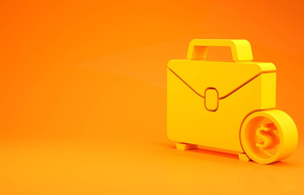 Porte-documents jaune et icône de l'argent isolé sur fond orange. Signe d'analyse de cas. Portefeuille d'affaires. Concept de minimalisme. Illustration 3D rendu 3D
 - Photo, image