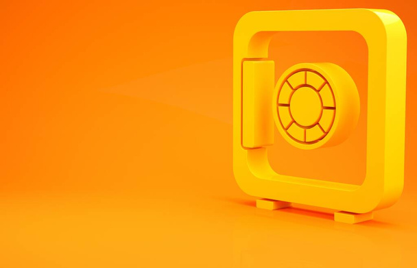 Sarı Güvenli simgesi turuncu arkaplanda izole edildi. Kapı, şifreli bir banka kasası. Güvenilir Veri Koruma. Minimalizm kavramı. 3d illüstrasyon 3B canlandırma - Fotoğraf, Görsel