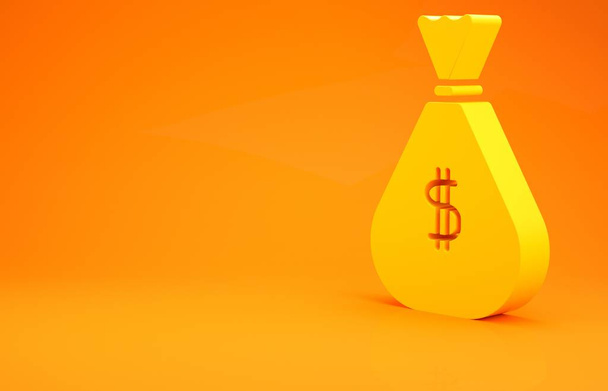 Ikona tašky žluté peníze izolované na oranžovém pozadí. Symbol dolaru nebo USD. Cash Banking currency sign. Minimalismus. 3D ilustrace 3D vykreslení - Fotografie, Obrázek