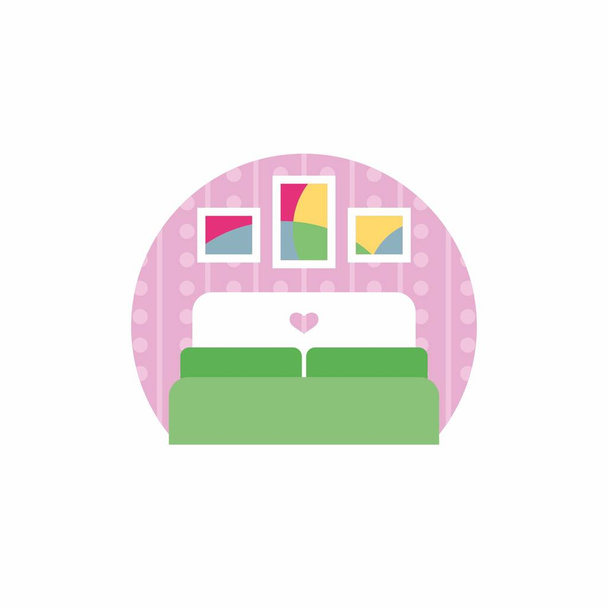 Λογότυπο ή εικονογράφηση - δωμάτιο με κρεβάτι και πίνακες ζωγραφικής - Διάνυσμα, εικόνα