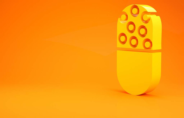 Żółta pigułka lub ikona tabletki izolowane na pomarańczowym tle. Tabletka kapsułki i znak narkotyków. Projekt apteki. Koncepcja minimalizmu. Ilustracja 3D 3D renderowania - Zdjęcie, obraz