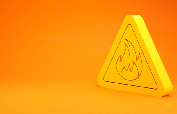 Žlutý oheň plamen v trojúhelníku ikona izolované na oranžovém pozadí. Varovné znamení hořlavého výrobku. Minimalismus. 3D ilustrace 3D vykreslení - Fotografie, Obrázek