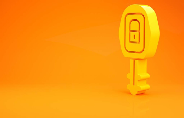 Chiave auto gialla con icona remota isolata su sfondo arancione. Chiave dell'auto e sistema di allarme. Concetto minimalista. Illustrazione 3d rendering 3D
 - Foto, immagini