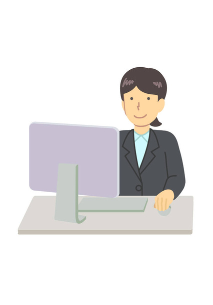 Egy nő személyi számítógépet használ öltönyben. - Vektor, kép