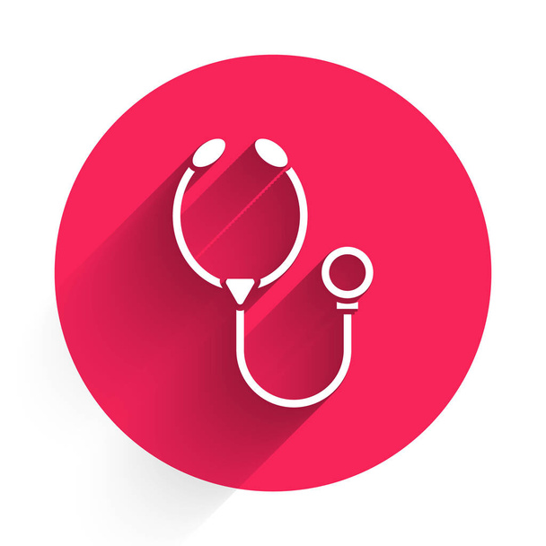 Witte Stethoscoop medisch instrument icoon geïsoleerd met lange schaduw. Rode cirkel knop. Vector Illustratie - Vector, afbeelding