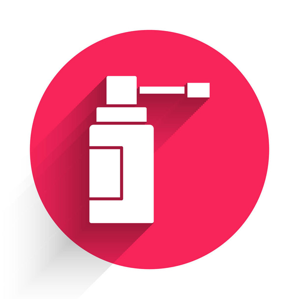 White Medical bottle with nozzle spray for the treatment of diseases of the nose and throat icon isolated with long shadow. Red circle button. Vector Illustration - Vector, Image