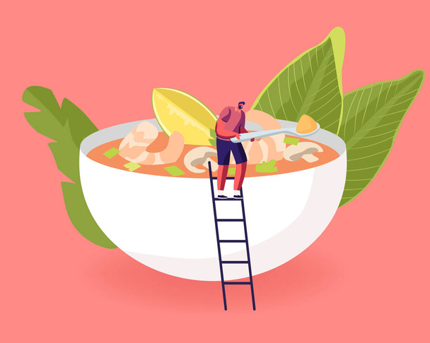 Tiny Male Character Stand on Ladder at Huge Bowl with Traditional Thailand Dish Tom Yam Kung, Sour Soup with Shrimps and Lime. Thai Food, National Meal, Seafood Menu Cartoon Flat Vector Illustration - Вектор, зображення