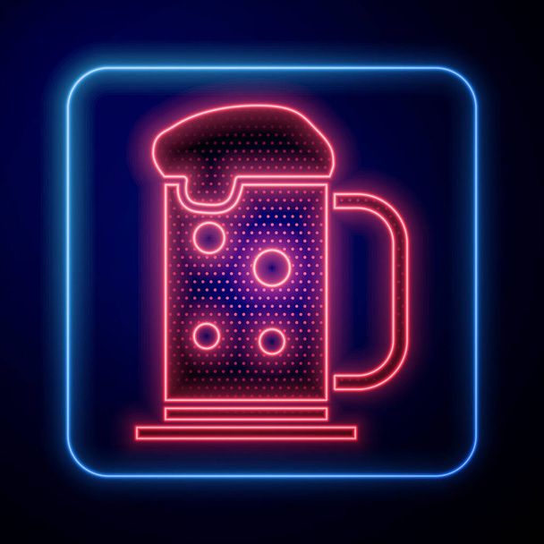 Glowing neon Wooden beer mug icon isolated on blue background. Vector Illustration - Vector, Image